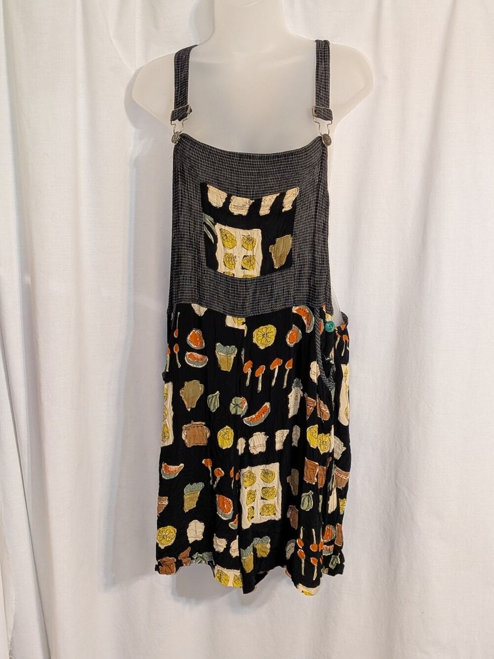 VTG 90s Carol Anderson Mushroom Vegetable Print Jumper Dress Overalls Sz XL